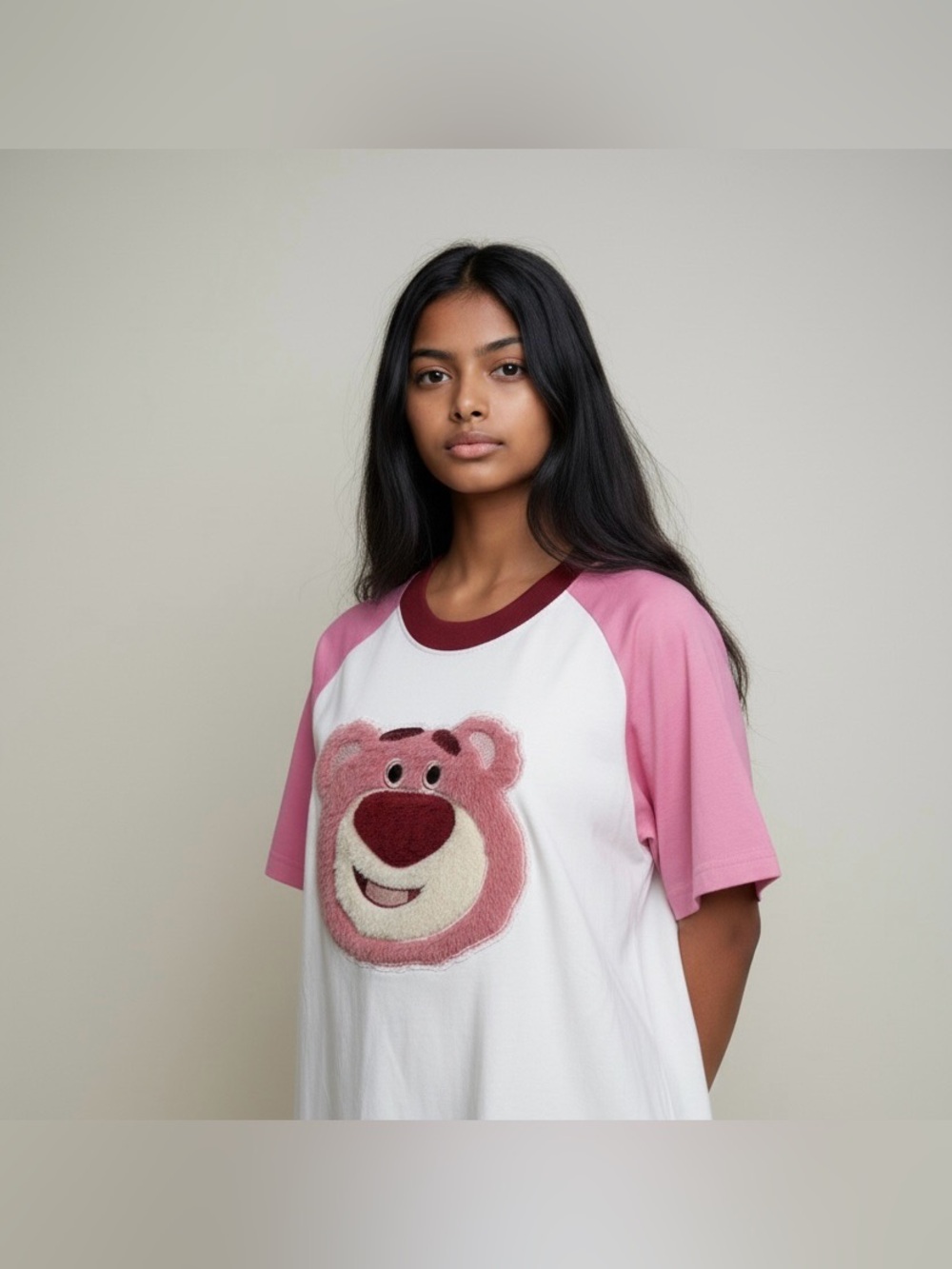 Designer Moschino White and Pink Short Sleeve Tee with a Furry Pink Bear Detail